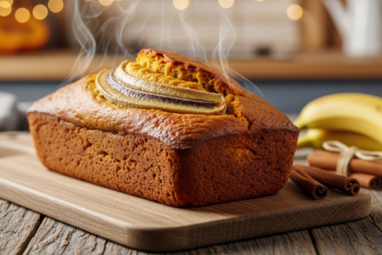Preparing sugar-free pumpkin banana bread batter with ripe bananas and pumpkin puree.