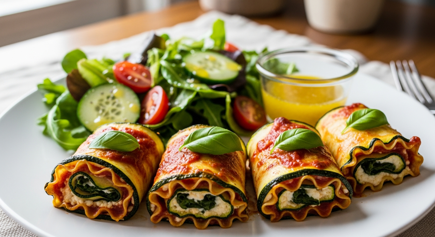 Healthy zucchini lasagna rolls served with fresh basil and a light salad.