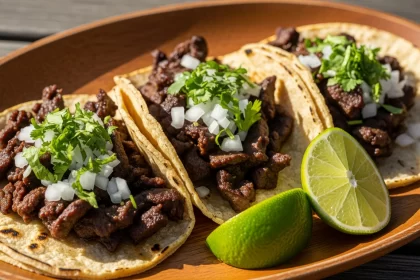 Traditional Mexican Tacos de Lengua with tender beef tongue, cilantro, onions, and lime on corn tortillas.